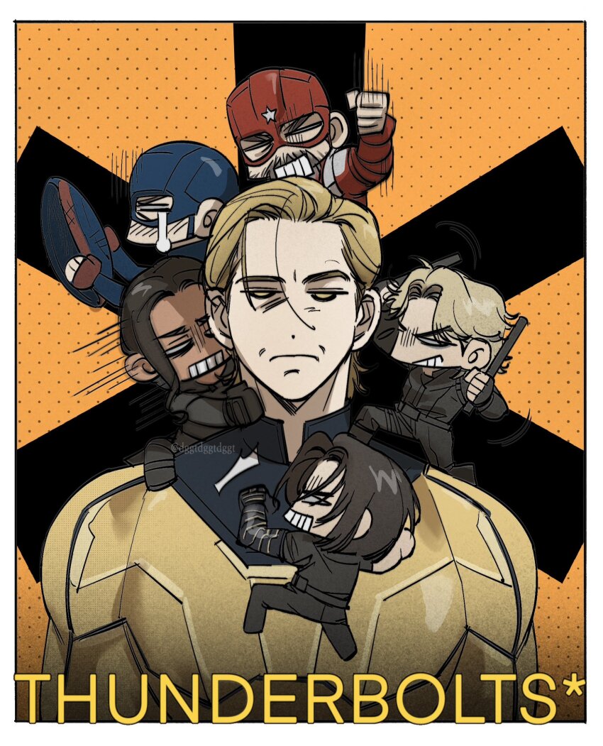 2girls, 4boys, animification, back, beard, belt, black_belt, black_bodysuit, black_boots, black_gloves, black_pants, black_shirt, blonde_hair, blue_bodysuit, bodysuit, boots, border, brown_hair, bucky_barnes, chibi, clenched_hand, closed_eyes, closed_mouth, commentary_request, copyright_name, crying, dark-skinned_female, dark_skin, facial_hair, father_and_child, father_and_daughter, fingerless_gloves, full_body, ghost_(marvel), gloves, half-closed_eyes, hands_up, helmet, highres, hitting, holding, holding_shield, holding_weapon, john_walker_(marvel), korean_commentary, looking_at_another, mandarin_collar, marvel, messy_hair, multiple_boys, multiple_girls, on_one_knee, orange_background, pants, parent_and_child, polka_dot, polka_dot_background, prosthesis, prosthetic_arm, red_bodysuit, red_guardian_(marvel), sentry_(marvel), shield, shirt, short_hair, short_sleeves, star_(symbol), superhero_costume, t-shirt, teeth, thunderbolts_(movie), upper_body, v-shaped_eyebrows, weapon, white_border, yelena_belova, yellinoutdggt, yellow_bodysuit