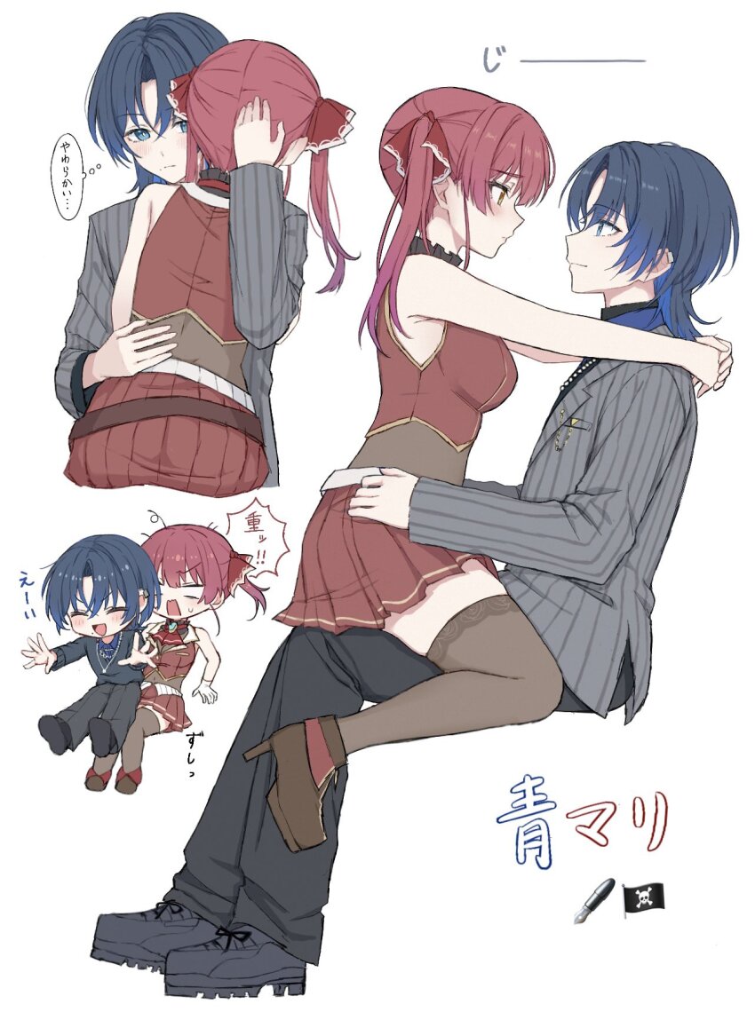 2girls, arms_around_neck, bare_arms, black_pants, black_thighhighs, blue_eyes, blue_hair, breasts