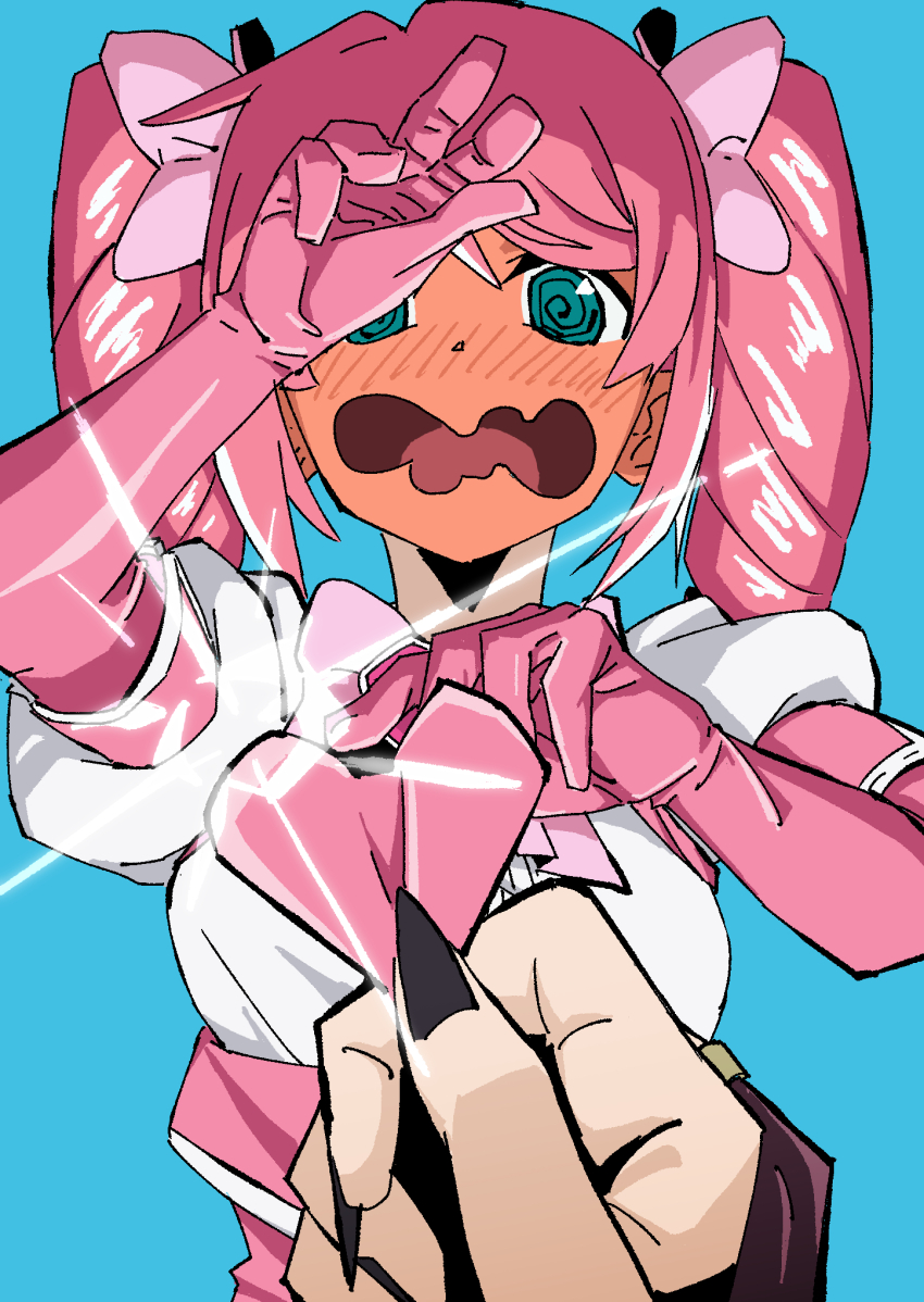 2girls, @_@, aqua_eyes, blue_background, blush, bow, commentary_request, drill_hair, embarrassed, female_pov, fingernails, full-face_blush, gloves, hair_bow, hanabishi_haruka, heart_pasties, highres, hiiragi_utena, hitori_ninjin, holding_pasties, long_fingernails, magia_baiser, magia_magenta, mahou_shoujo_ni_akogarete, multiple_girls, nail_polish, open_mouth, pasties, pink_bow, pink_gloves, pink_hair, pink_skirt, pov, shirt, single_pasty, skirt, sparkle, twin_drills, twintails, white_shirt