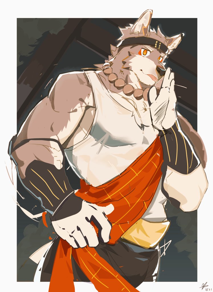 1boy, animal_ears, bead_necklace, beads, black_headband, black_pants, chinese_commentary, closed_mouth