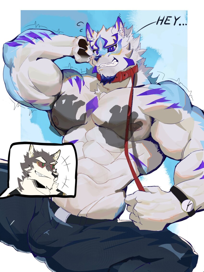 2boys, abs, animal_ears, bara, black_pants, blush, chinese_commentary, collar, commentary_request, furry, furry_male, highres, holding_own_leash, lan_uxn, live_a_hero, male_focus, monomasa_(live_a_hero), multiple_boys, muscular, muscular_male, nipples, pants, pawpads, pectoral_grab, pectorals, sadayoshi_(live_a_hero), speech_bubble, spoken_character, topless_male, watch, wolf_boy, wolf_ears, wristwatch, yaoi