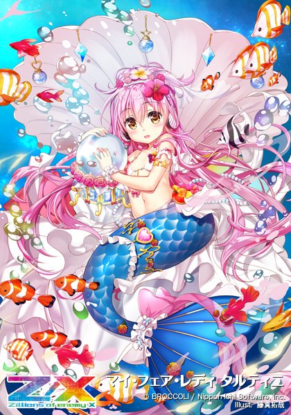 1girl, artist_name, breasts, brown_eyes, bubble, clownfish, copyright_logo, copyright_name