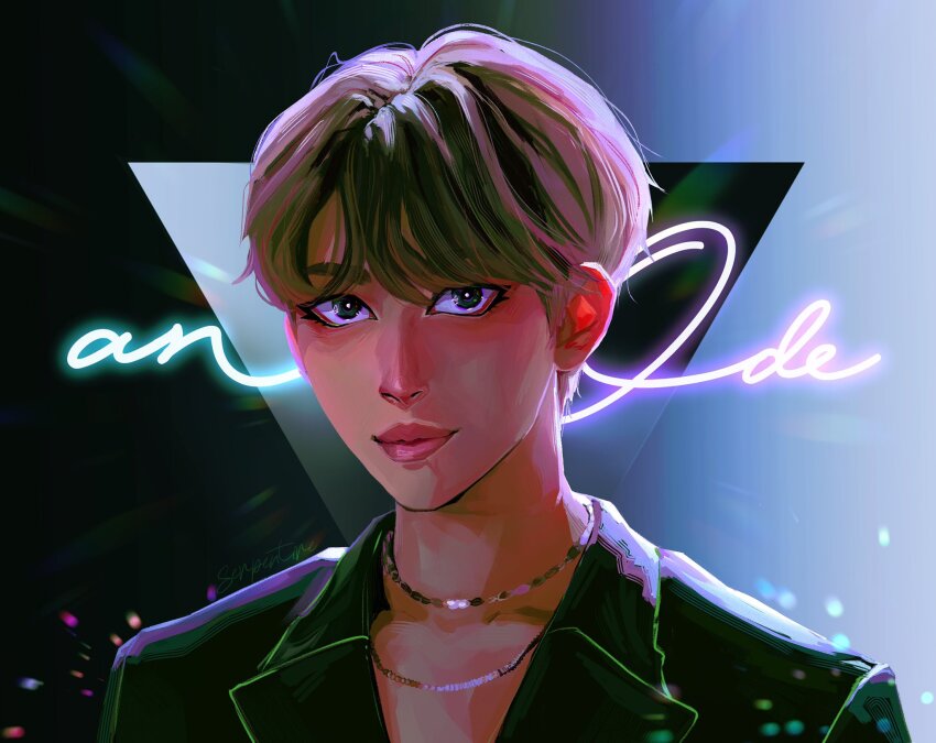 1boy, black_eyeliner, closed_mouth, commentary, english_commentary, eyeliner, highres, jacket, jewelry, joshua_(seventeen), k-pop, light_smile, looking_at_viewer, makeup, male_focus, necklace, real_life, serpentire, seventeen_(group), short_hair, solo, upper_body