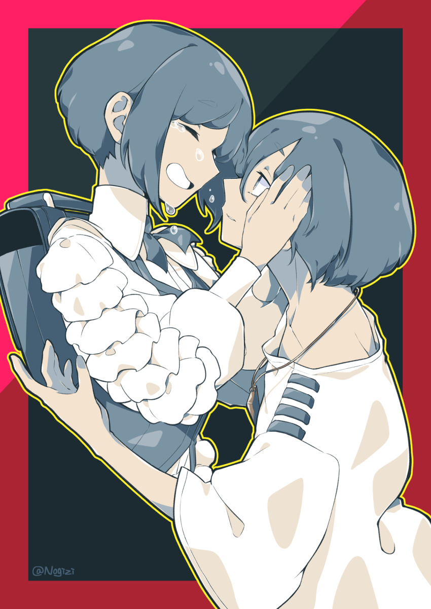 2girls, backpack, bag, blue_eyes, blue_hair, border, closed_eyes, collared_shirt