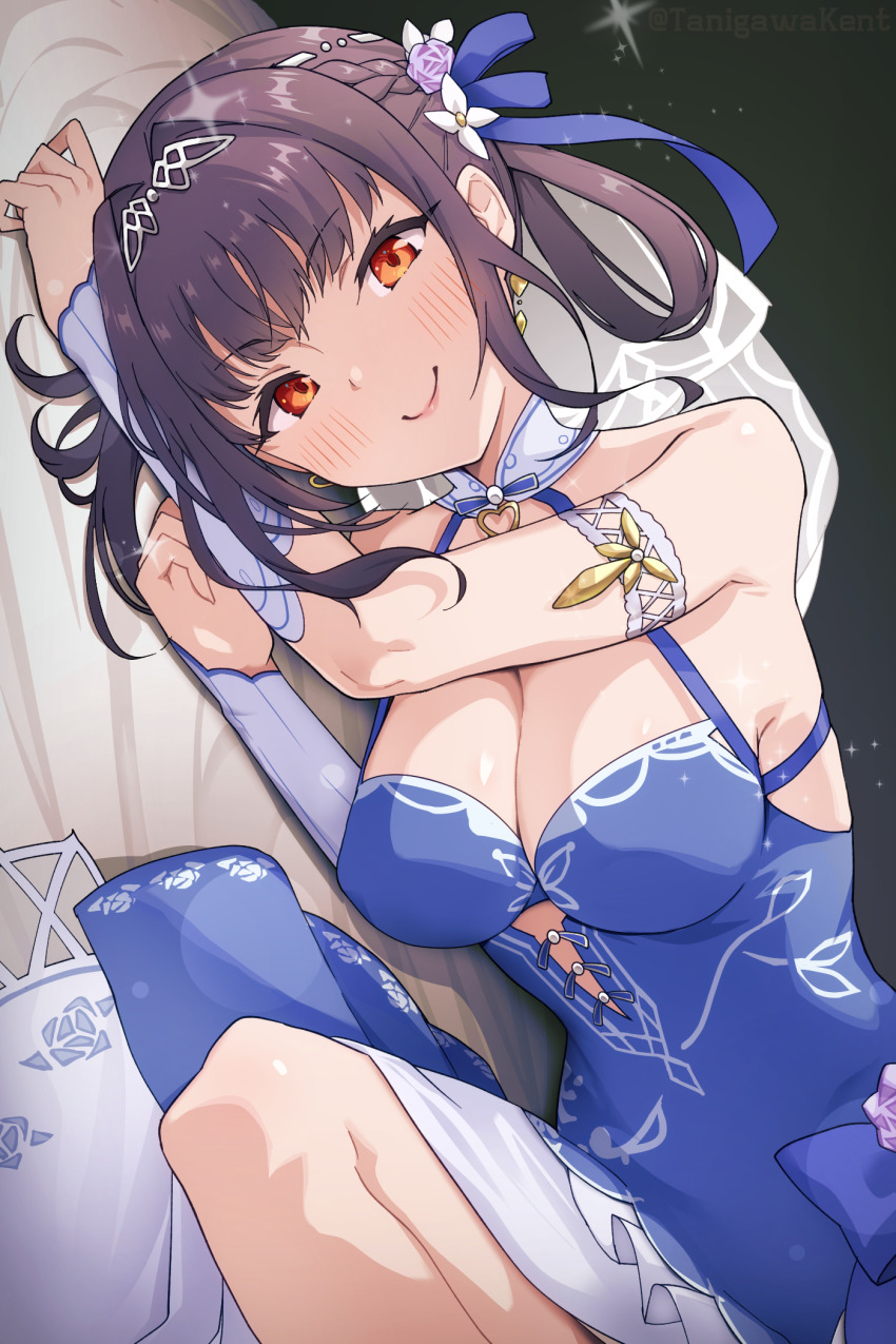 1girl, breasts, brown_hair, cleavage, dress, heaven_burns_red, highres, large_breasts