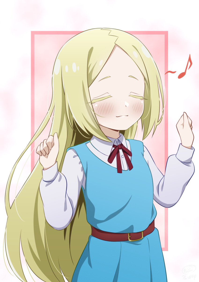 1girl, belt, blonde_hair, blue_dress, blush_stickers, child, closed_eyes, closed_mouth