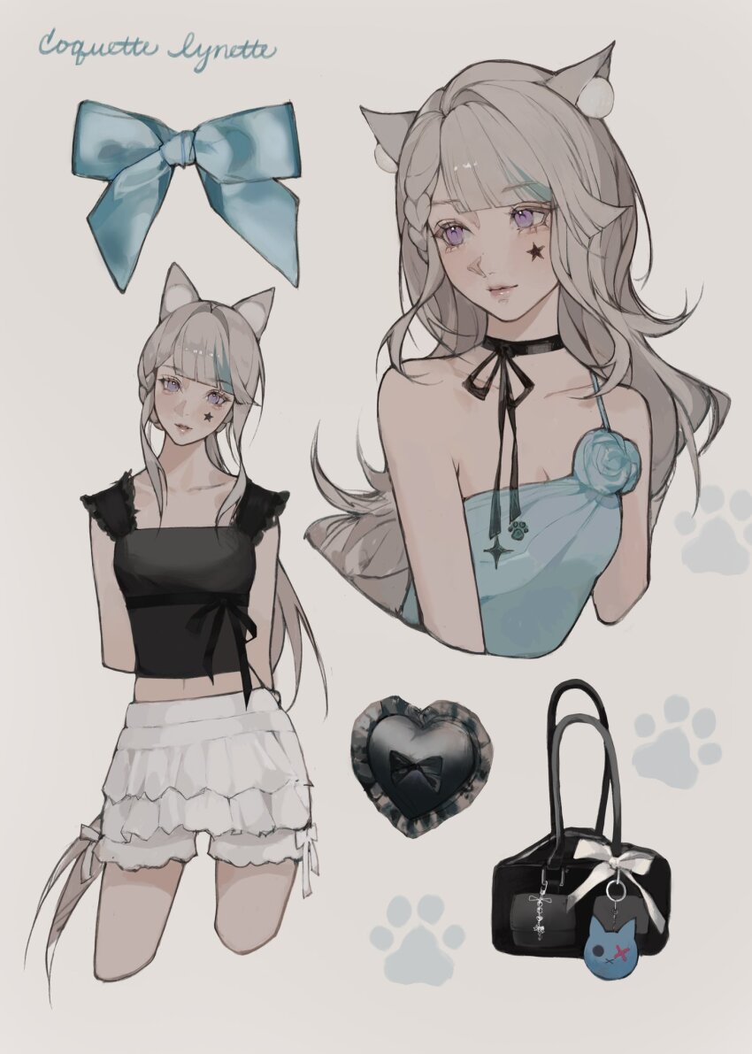 1girl, alternate_costume, animal_ear_fluff, animal_ears, bag, bag_charm, black_shirt, blue_ribbon