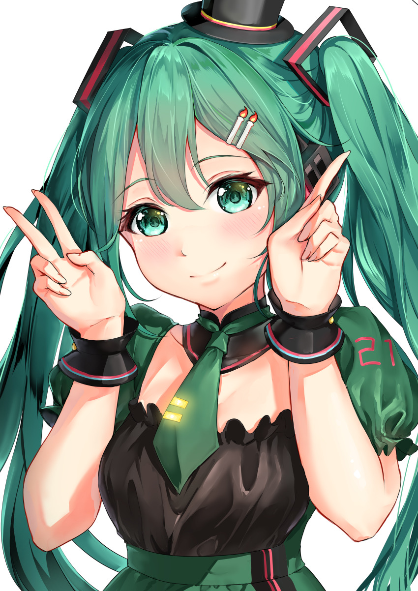 1girl, absurdres, black_hat, black_wrist_cuffs, blush, breasts, candle_hair_ornament, closed_mouth