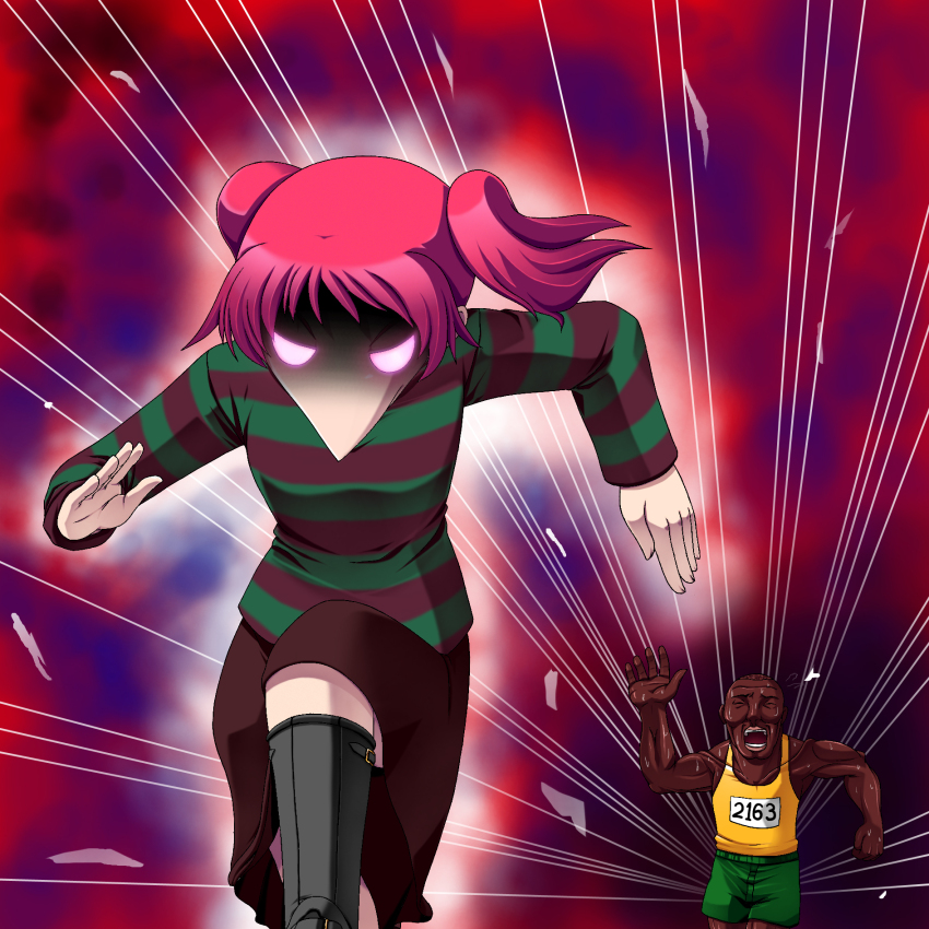 1boy, 1girl, highres, motion_lines, racing, rapama, running, shorts