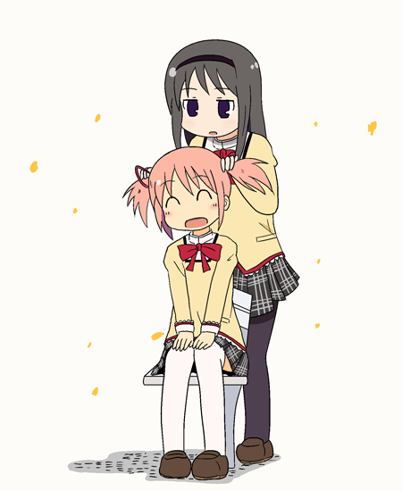 2girls, ^_^, akemi_homura, black_hair, black_pantyhose, bow, closed_eyes, hair_ribbon, hairband, kaname_madoka, kimineri, long_hair, mahou_shoujo_madoka_magica, mahou_shoujo_madoka_magica_(anime), multiple_girls, nichijou, open_mouth, pantyhose, parody, pink_hair, playing_with_another's_hair, purple_eyes, ribbon, school_uniform, short_hair, short_twintails, sitting, skirt, style_parody, thighhighs, tokisadame_school_uniform, twintails, white_legwear
