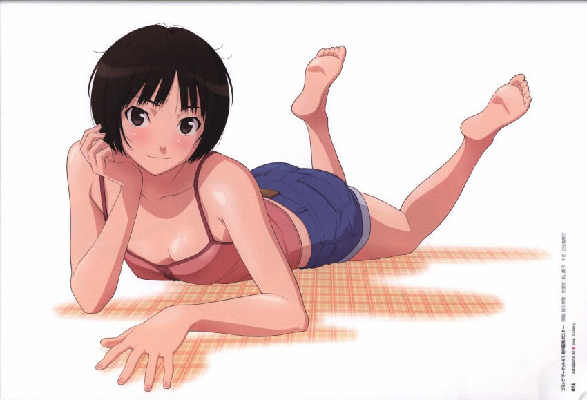 1girl, absurdres, amagami, artbook, ass, bare_shoulders, barefoot, blue_shorts