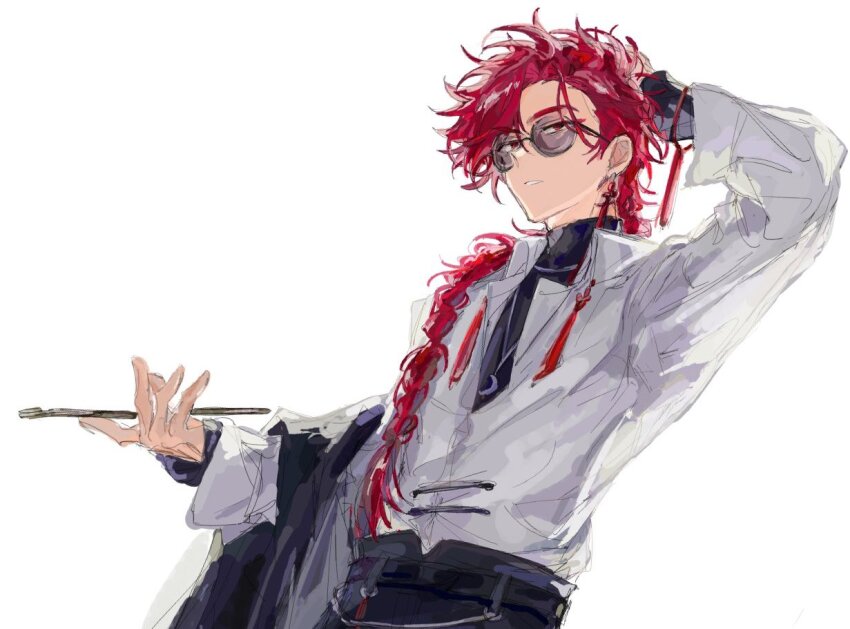 1boy, arm_behind_head, black_pants, braid, curly_hair, earrings, jewelry, long_hair