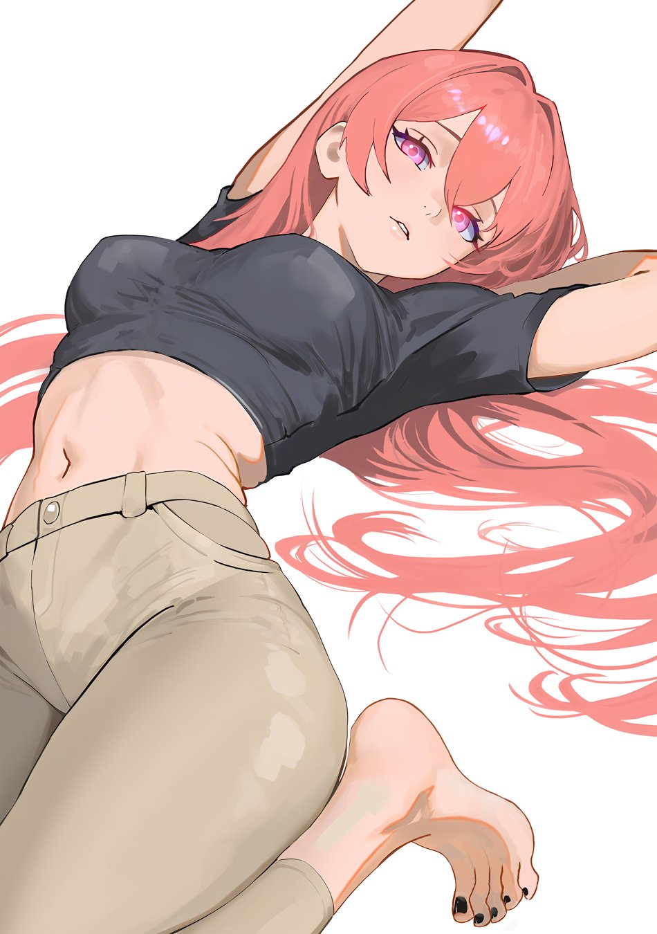 1girl, arched_back, arms_up, barefoot, black_nails, black_shirt, breasts, brown_pants, cover, crop_top, davoxime, eyelashes, feet, foot_out_of_frame, glowing, glowing_eyes, hair_between_eyes, hair_intakes, hair_spread_out, heel_pop, highres, impossible_clothes, impossible_shirt, long_hair, looking_at_viewer, lying, medium_breasts, midriff, nail_polish, navel, on_back, original, pants, parted_lips, pink_eyes, pink_hair, shadow, shirt, shoes, short_sleeves, solo, textless_version, thighs, toenail_polish, toenails, very_long_hair