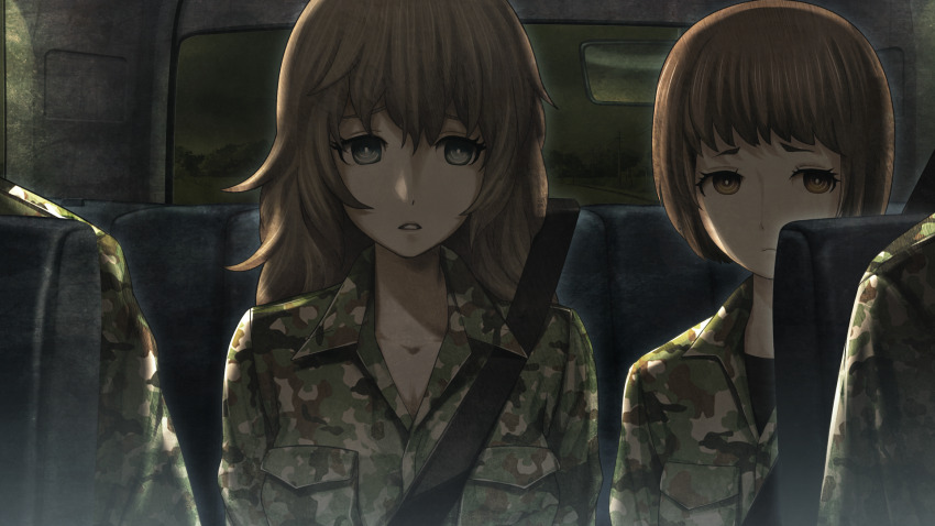 2boys, 2girls, amane_yuki, black_shirt, blue_eyes, bob_cut, brown_eyes, brown_hair