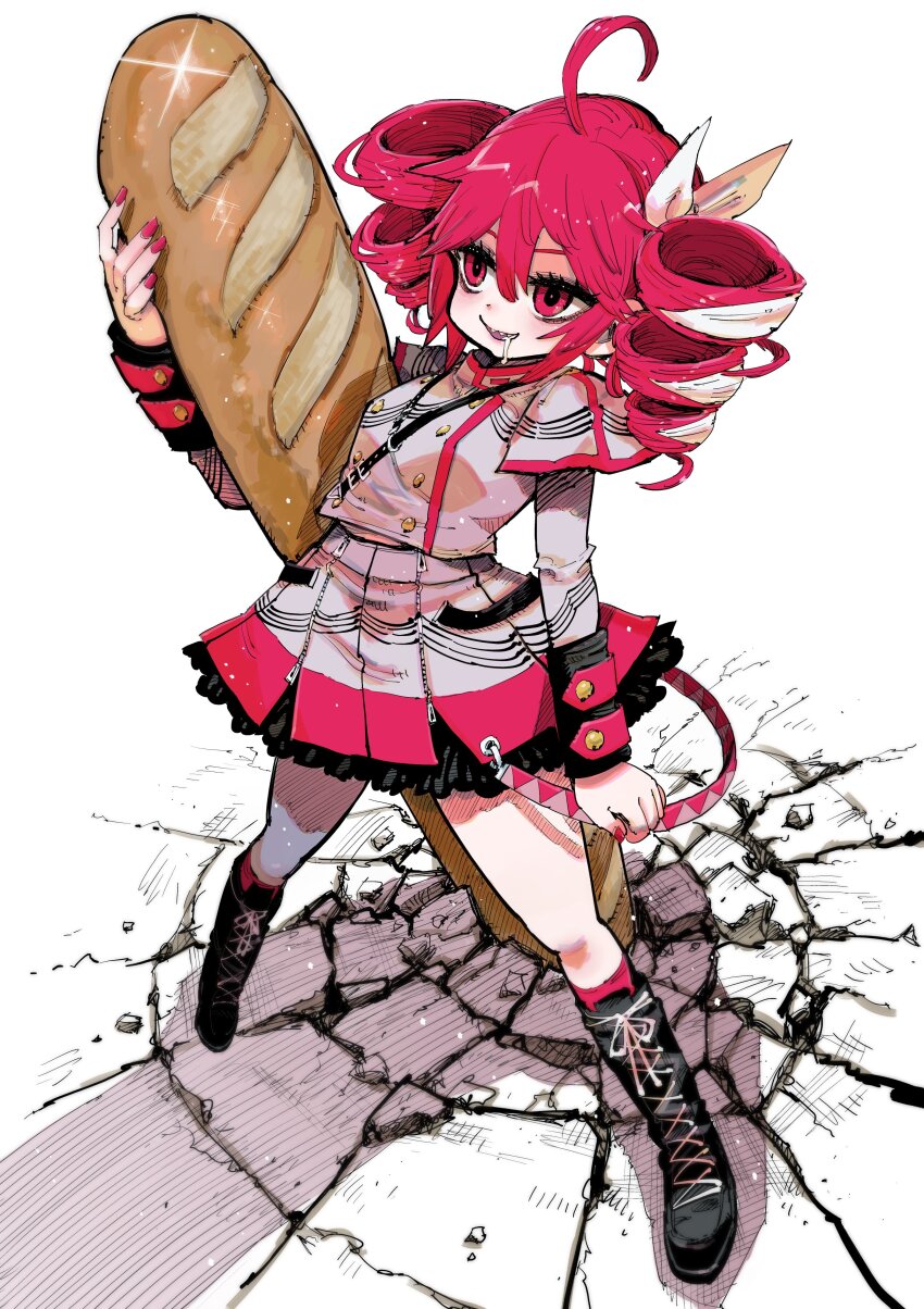 1girl, absurdres, ahoge, baguette, black_boots, boots, bow, bread, buttons, crack, cracked_floor, drill_hair, drooling, food, grey_jacket, grey_skirt, hair_between_eyes, hair_bow, hashtag-only_commentary, highres, holding, holding_food, jacket, kasane_teto, kasane_teto_(sv), lace-up_boots, legs_apart, long_sleeves, mouth_drool, nakayama_atsushi, open_mouth, oversized_food, oversized_object, red_eyes, red_hair, red_nails, shoulder_belt, skirt, solo, standing, synthesizer_v, twin_drills, white_background, white_bow