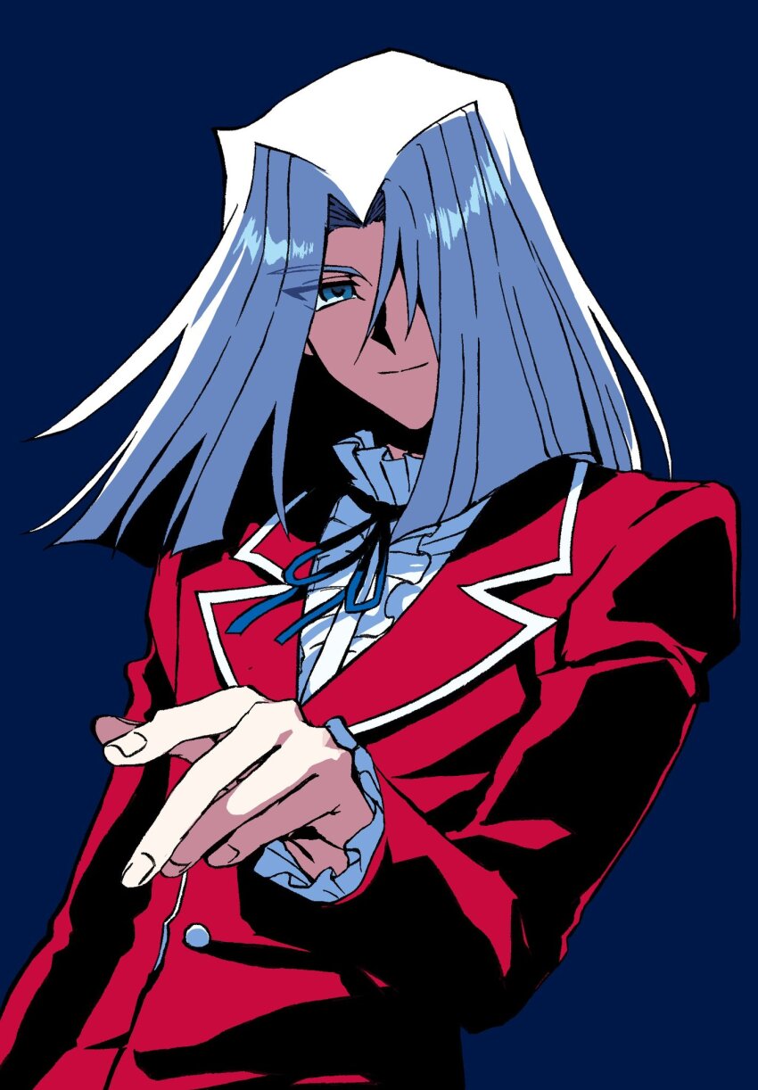 1boy, blue_background, blue_eyes, cowboy_shot, flowercrabcake, hair_over_one_eye, highres, jacket