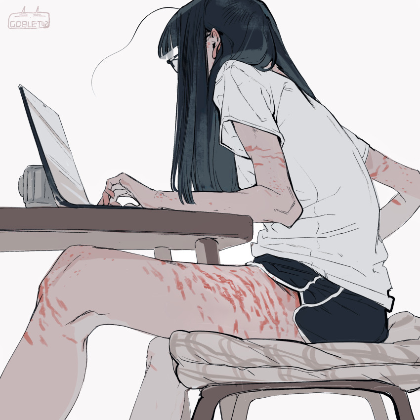 1girl, absurdres, ahoge, artist_name, black_hair, commentary, computer, eizouken_ni_wa_te_wo_dasu_na!, freckles, from_side, glasses, goblet_42, highres, kanamori_sayaka, laptop, long_hair, shorts, simple_background, sitting, solo, stretch_marks, white_background