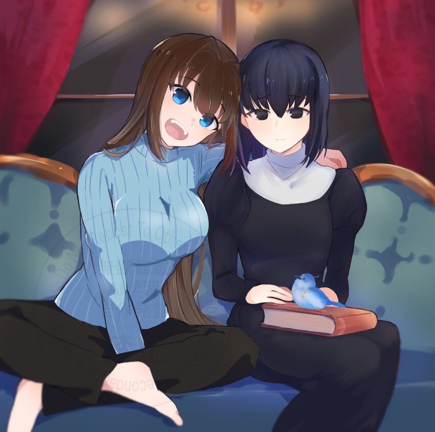 2girls, aozaki_aoko, black_dress, black_hair, black_pants, blue_eyes, blue_sweater, brown_hair