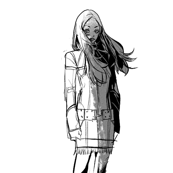 1girl, belt, clenched_hand, denim_dress, floating_hair, long_hair, looking_at_viewer, monochrome