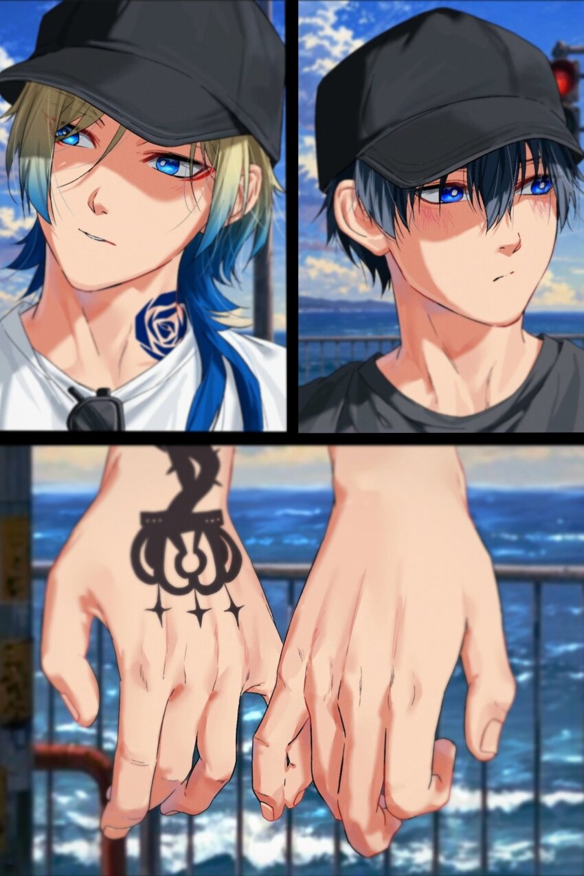 2boys, alternate_costume, bl_111252, black_hair, black_shirt, blonde_hair, blue_eyes, blue_hair, blue_lock, blue_tattoo, closed_mouth, eyeliner, eyewear_hang, gradient_hair, hand_tattoo, hat, highres, holding_hands, isagi_yoichi, light_blush, long_hair, looking_to_the_side, makeup, male_focus, michael_kaiser, multicolored_hair, multiple_boys, neck_tattoo, ocean, portrait, red_eyeliner, shirt, short_hair, sunglasses, tattoo, two-tone_hair, unworn_eyewear, white_shirt, yaoi