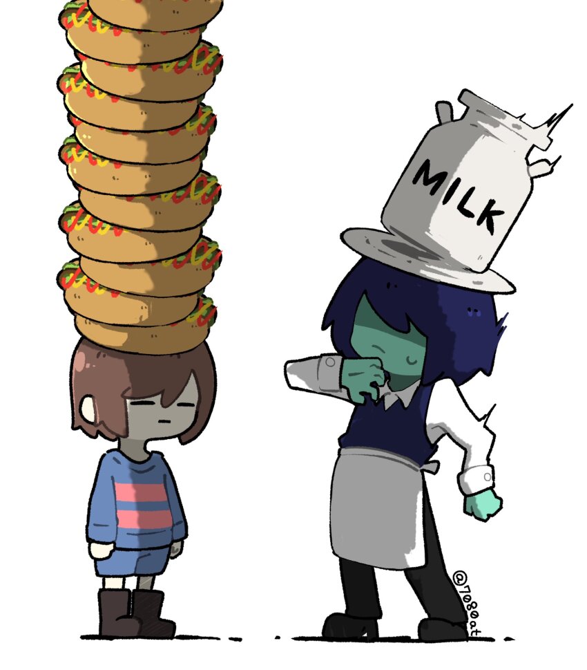 2others, 7080at, apron, blue_hair, blue_skin, boots, bottle, brown_hair, closed_eyes, closed_mouth, colored_skin, deltarune, food, food_on_head, frisk_(undertale), hair_between_eyes, highres, hot_dog, in-franchise_crossover, kris_(cooking_show)_(deltarune), kris_(dark_world)_(deltarune), kris_(deltarune), long_sleeves, milk_bottle, multiple_others, object_on_head, pants, plate, plate_on_head, shirt, shorts, simple_background, striped_clothes, striped_sweater, sweater, twitter_username, undertale, utdr_(toby_fox), vest, waist_apron, white_background