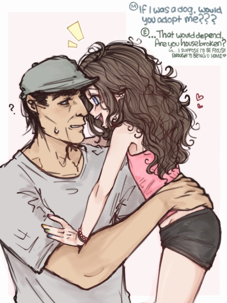 ?, black_shorts, blue_eyes, brown_hair, camisole, english_text, eye_contact, face-to-face