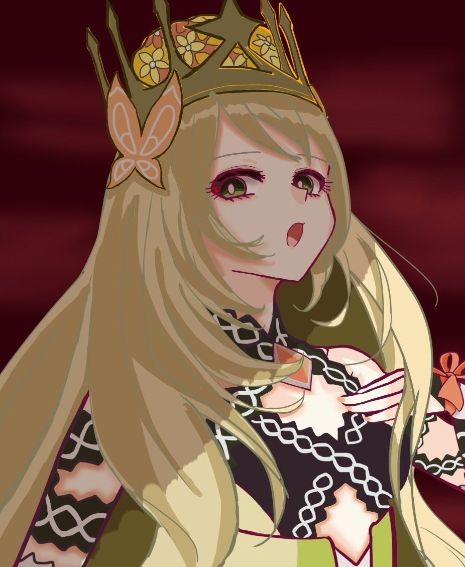 1girl, :o, bare_shoulders, blonde_hair, butterfly_hair_ornament, celine_(fire_emblem), crown, fire_emblem