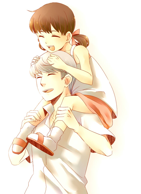 atlus, bad_id, bad_pixiv_id, brown_hair, carrying, child, closed_eyes, doujima_nanako