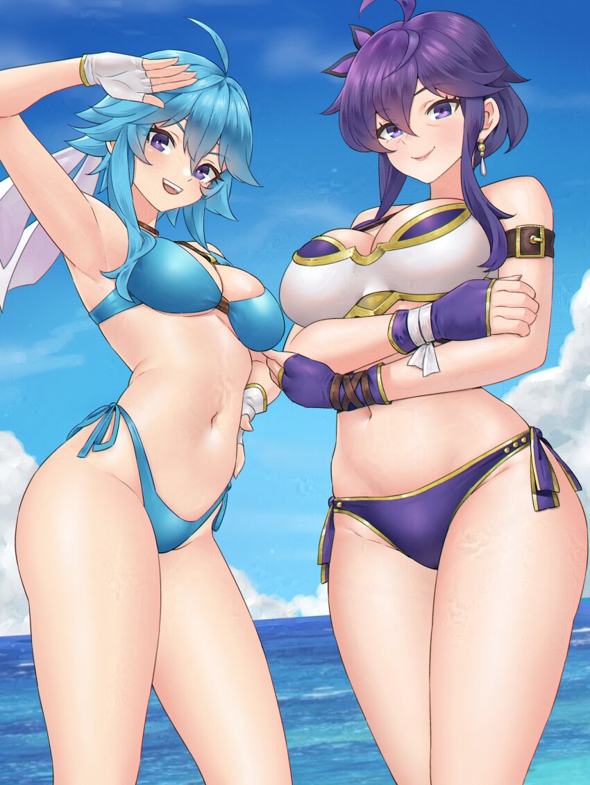 2girls, absurdres, ahoge, arm_up, armlet, armor, armpits, beach