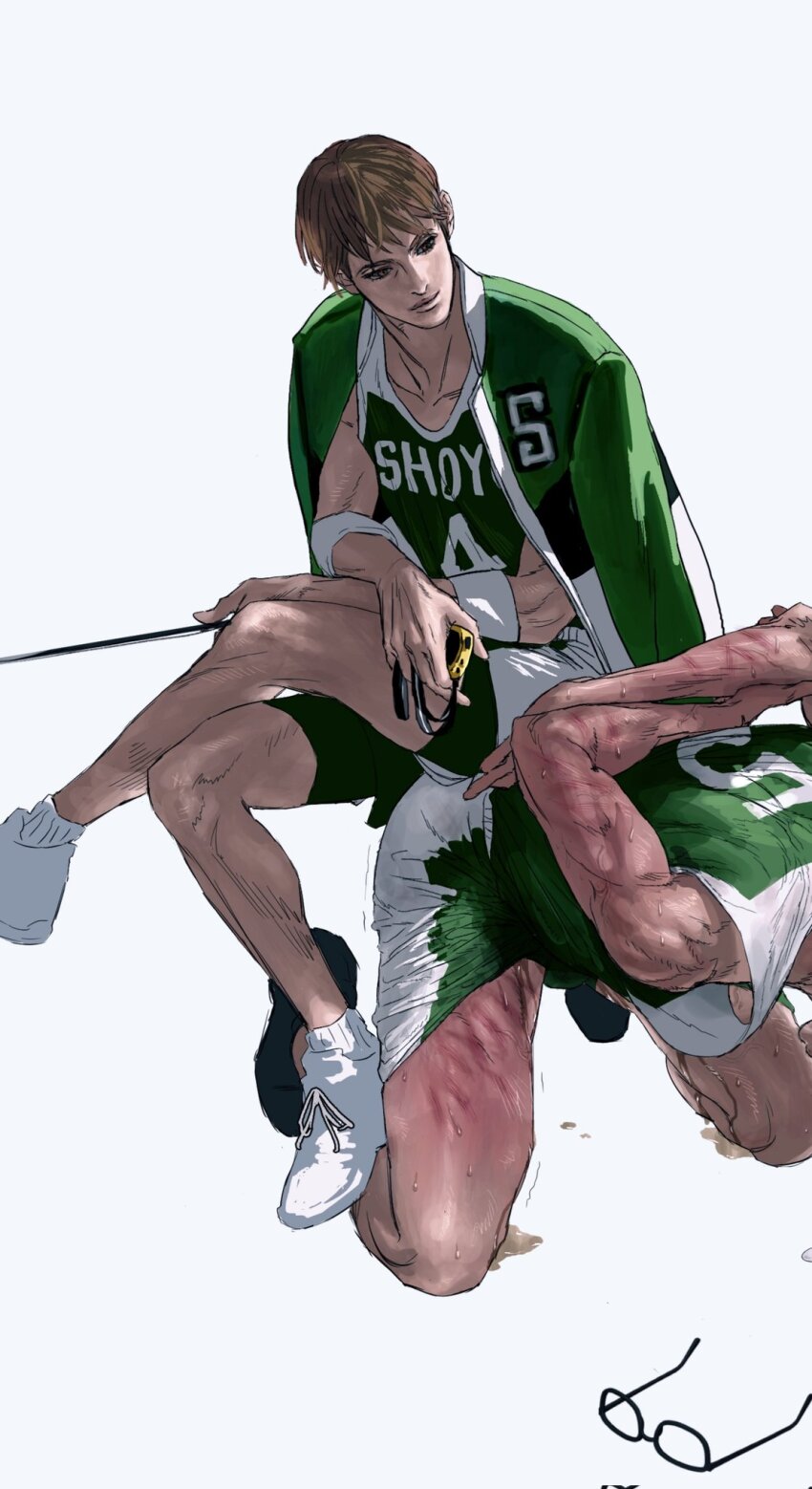 2boys, basketball_jersey, basketball_uniform, brown_hair, fujima_kenji, glasses, hanagata_touru, highres
