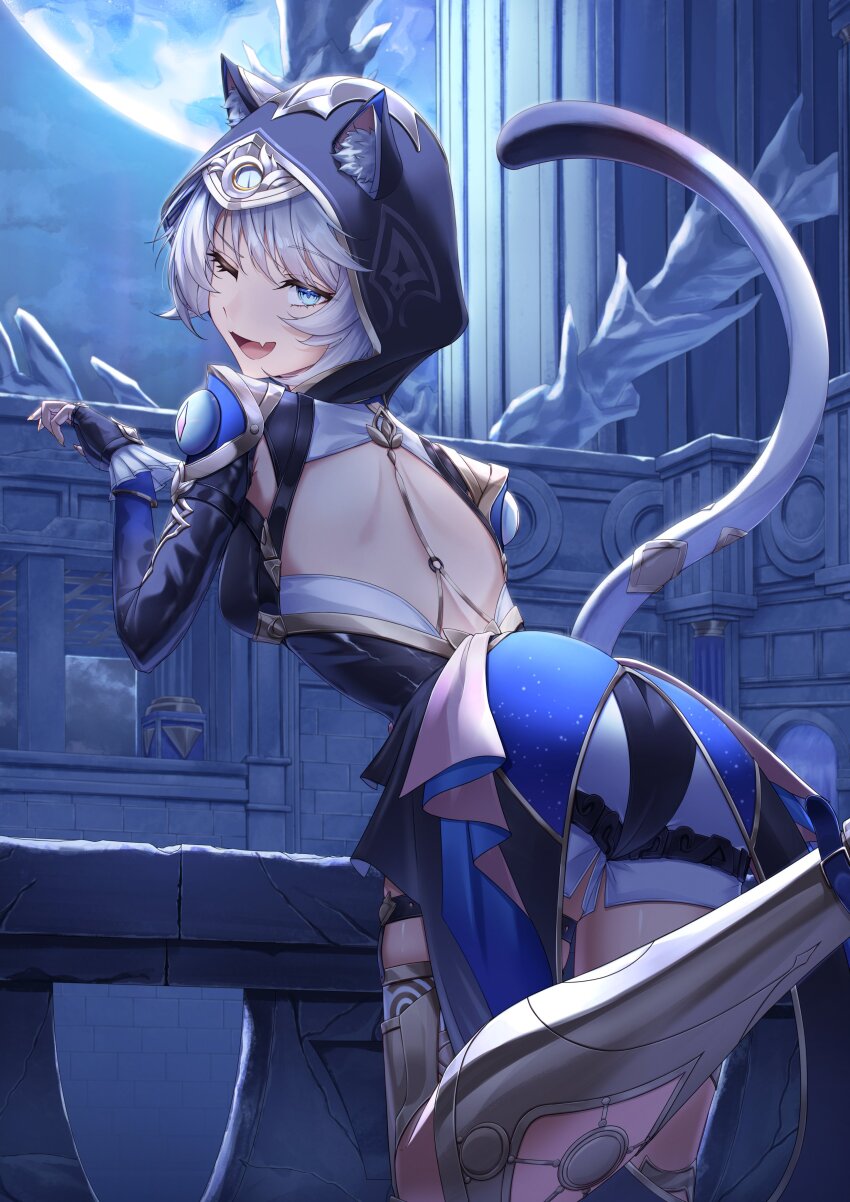 1girl, ;o, absurdres, animal_ears, ass, back, black_gloves, black_leotard, blue_eyes, boots, breasts, cat_ears, cat_girl, cat_tail, cipher_(honkai:_star_rail), commentary, fang, fingerless_gloves, from_behind, full_moon, gloves, gold_boots, grey_hair, highres, honkai:_star_rail, honkai_(series), leotard, mashuretsu, moon, night, one_eye_closed, short_hair, shorts, skin_fang, sky, solo, tail, white_shorts