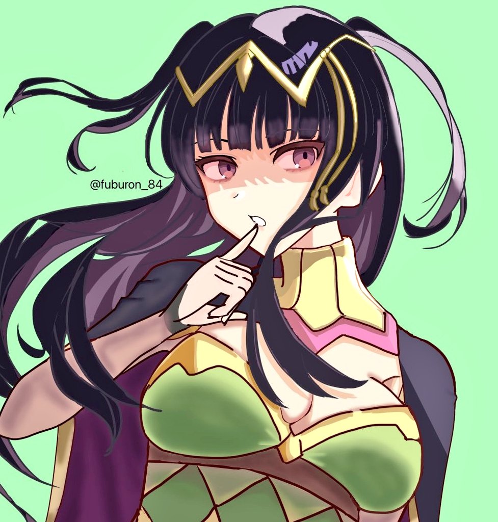 1girl, artist_name, black_hair, breasts, cape, commentary_request, fire_emblem, fire_emblem_awakening, fire_emblem_heroes, fuburon_84, green_background, large_breasts, long_hair, looking_to_the_side, nintendo, official_alternate_costume, purple_cape, red_eyes, simple_background, solo, tharja_(fire_emblem), tharja_(gloomy_mage)_(fire_emblem), tiara, twitter_username, two_side_up, upper_body