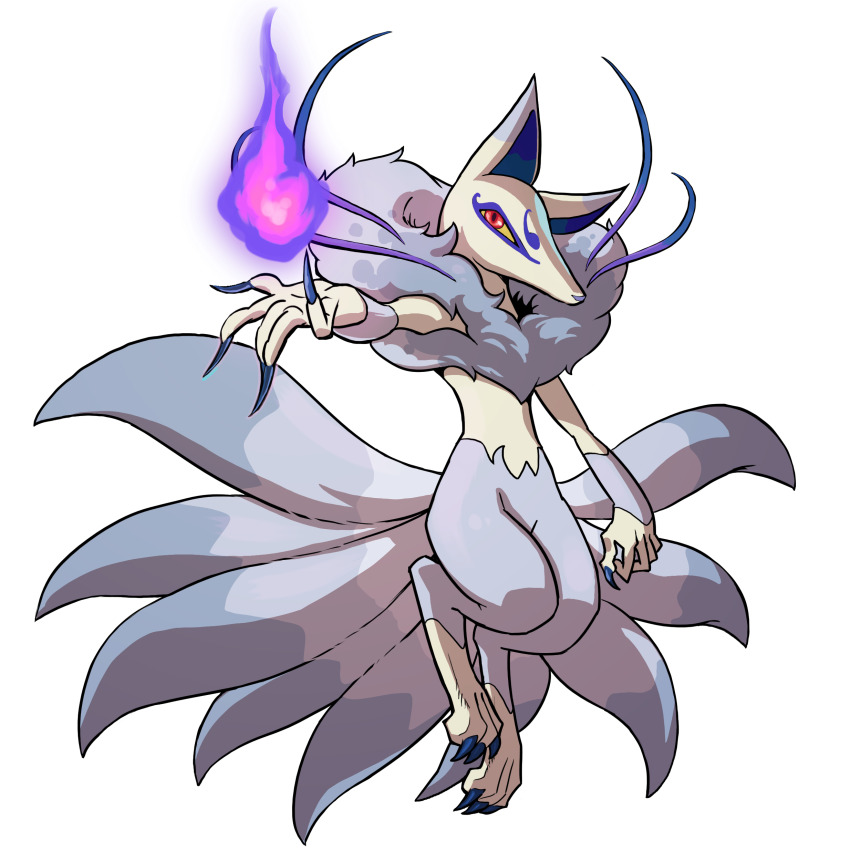 absurdres, blue_nails, colored_sclera, fingernails, fire, fox_tail, full_body, grey_fur