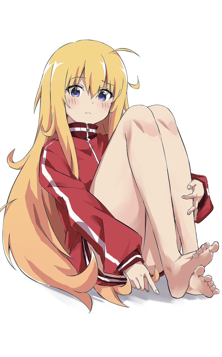 1girl, as_buppa, bare_legs, barefoot, blonde_hair, blue_eyes, blush, closed_mouth