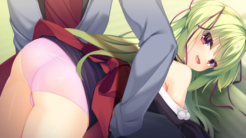 1boy, 1girl, :d, aria_(koiiroharemoyou), arichi_masaomi, armpit_crease, ass, back_bow, bare_shoulders, black_kimono, blunt_bangs, blush, bow, clothes_lift, commentary_request, commission, cowboy_shot, eyes_visible_through_hair, fang, furrowed_brow, green_hair, hair_ribbon, hair_spread_out, hetero, highres, hime_cut, imminent_spanking, indoors, japanese_clothes, kimono, kimono_lift, long_hair, long_ribbon, long_sleeves, looking_at_viewer, looking_back, lying, murasame_(senren), on_lap, on_stomach, open_mouth, panties, pink_panties, red_bow, red_eyes, red_ribbon, ribbon, senren_banka, sidelocks, skeb_commission, skin_fang, smile, solo_focus, tatami, two_side_up, underwear