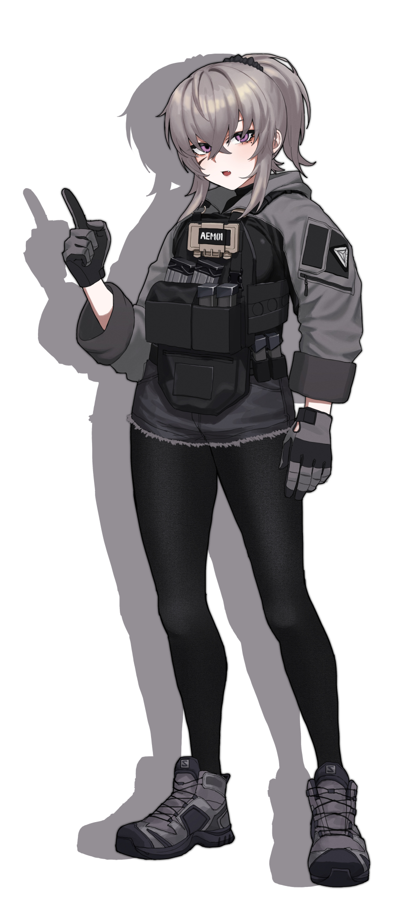 1girl, absurdres, ammunition_pouch, black_pantyhose, black_scrunchie, black_sweater, boots, breasts