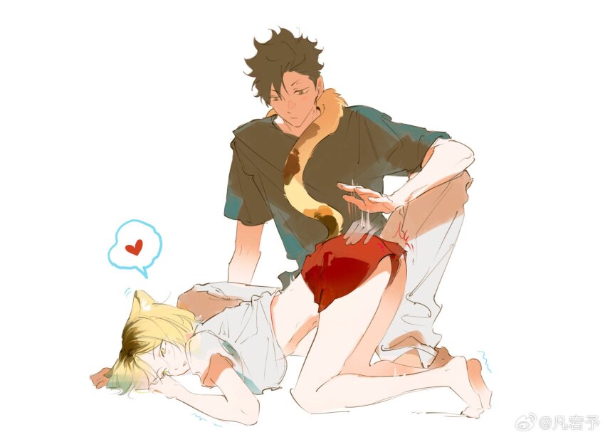 2boys, animal_ears, barefoot, black_hair, black_shirt, blonde_hair, cat_boy, cat_ears, cat_tail, closed_mouth, commentary, crew_neck, fandangyu, gradient_hair, haikyuu!!, hashtag-only_commentary, heart, highres, kozume_kenma, kuroo_tetsurou, looking_at_another, male_focus, midriff, multicolored_hair, multiple_boys, pants, red_shorts, roots_(hair), shirt, short_hair, short_sleeves, shorts, simple_background, sitting, spanking, speech_bubble, spiked_hair, spoken_heart, t-shirt, tail, white_background, white_pants, white_shirt, yaoi, yellow_eyes