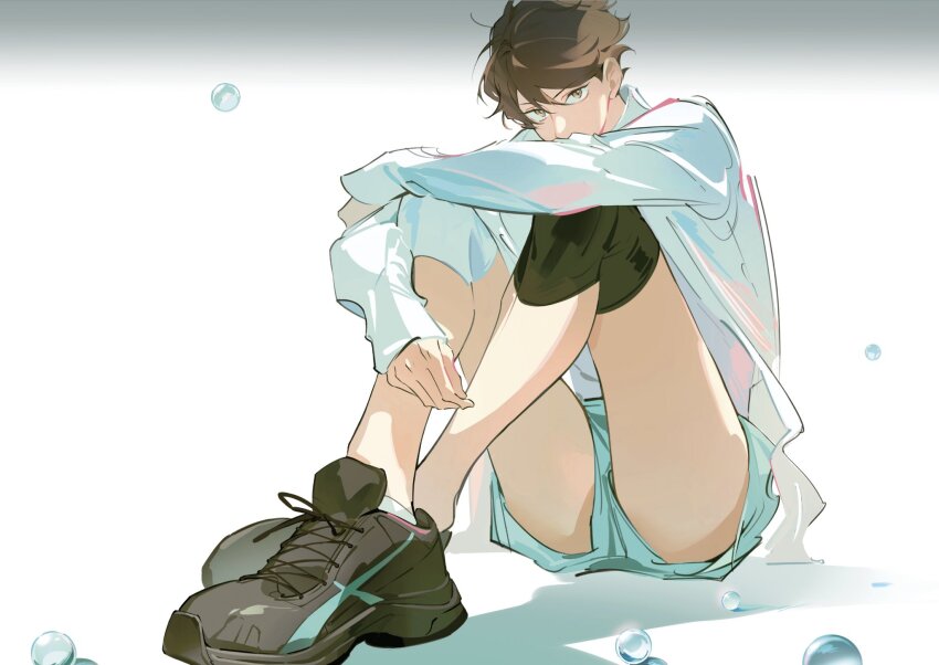 1boy, aoba_johsai_volleyball_uniform, black_shoes, blue_shorts, brown_eyes, brown_hair, bubble, commentary