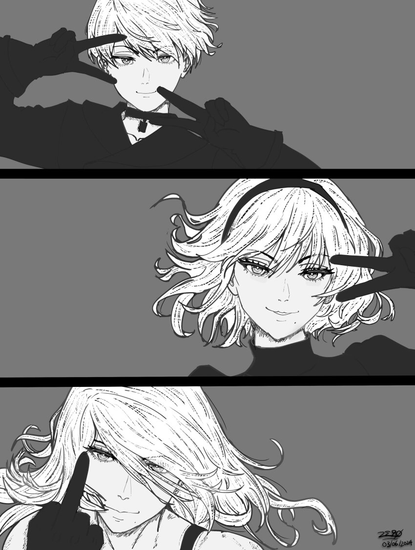 1boy, 2b_(nier:automata), 2girls, 9s_(nier:automata), a2_(nier:automata), absurdres, closed_mouth, double_v, eyelashes, greyscale, hair_between_eyes, hairband, hashtag-only_commentary, highres, k0himizu, looking_at_viewer, middle_finger, monochrome, multiple_girls, nier:automata, nier_(series), short_hair, smile, v