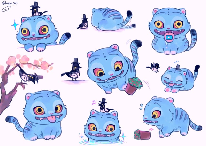 animal, bird, black_hat, blue_fur, extra_eyes, hat, highres, hyeon_0613, kpop_demon_hunters, sharp_teeth, teeth, tiger, tongue, tongue_out, vase, yellow_eyes