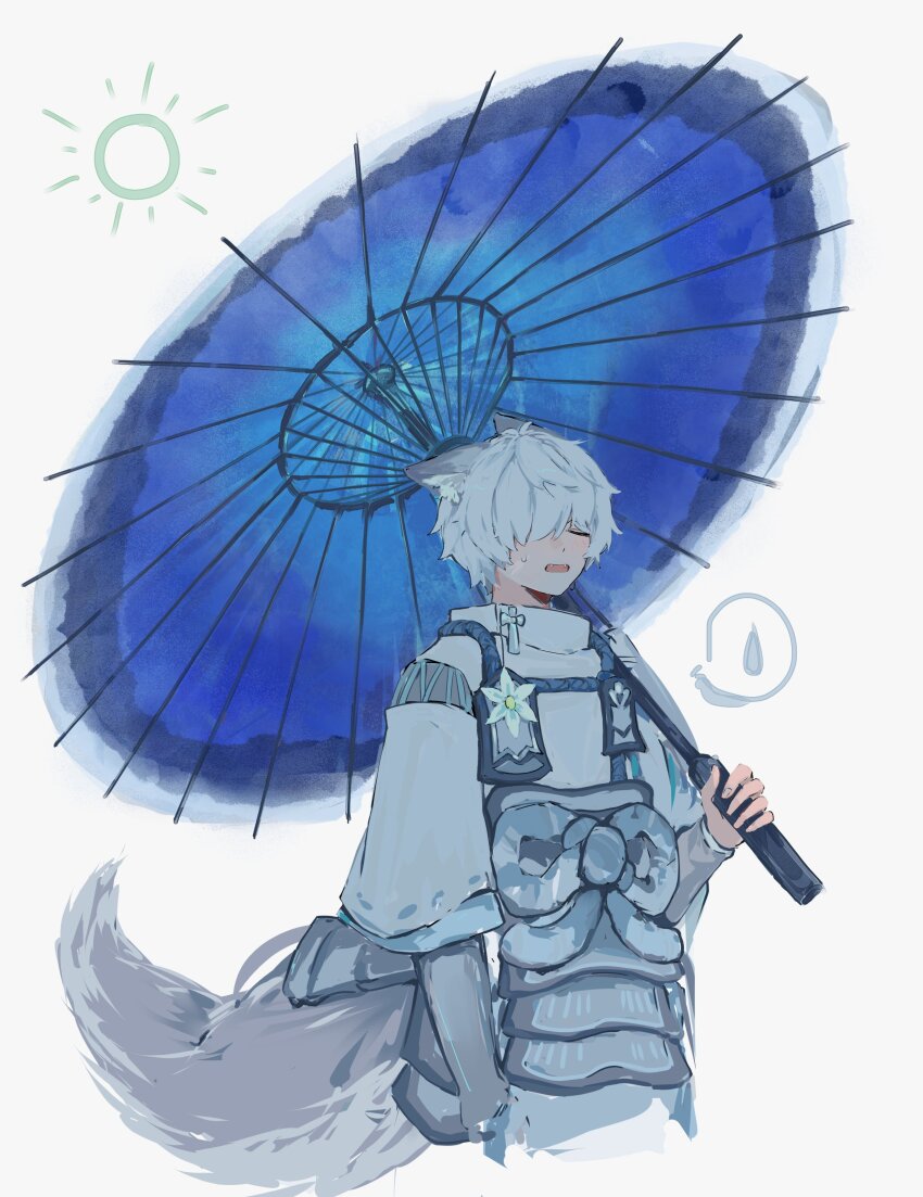 1boy, absurdres, animal_ear_fluff, animal_ears, armor, blush, closed_eyes, cropped_legs
