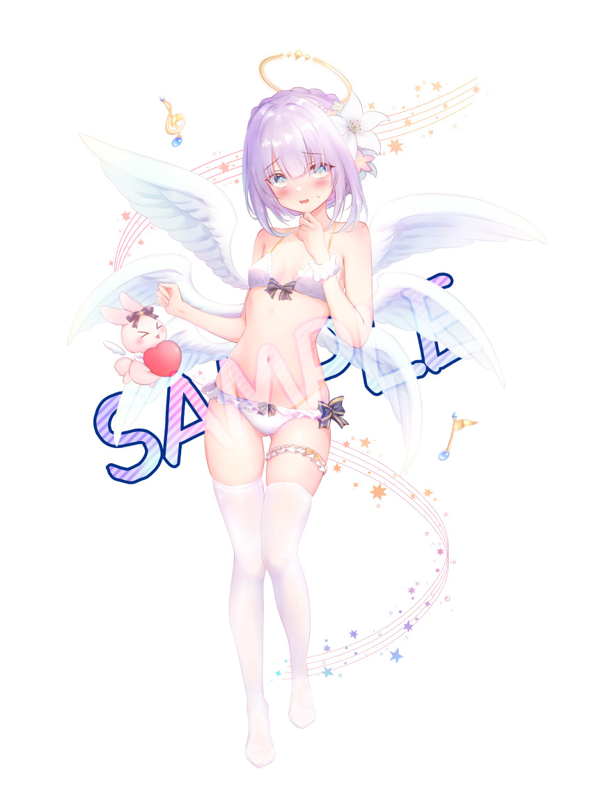 absurdres, angel, angel_wings, blue_eyes, blush, bra, feathered_wings, flower, hair_between_eyes, hair_flower, hair_ornament, halo, highres, long_hair, long_sleeves, low_twintails, maimai_(game), ohako_miyu, panties, shy, solo, swimsuit, twintails, underwear, watermark, white_wings, wings, yurisaki_mika_(maimai)