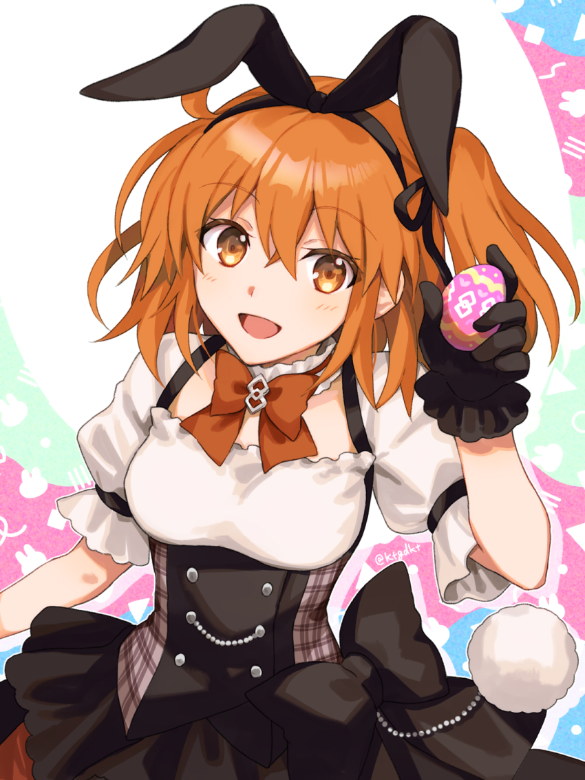 1girl, :d, ahoge, alternate_costume, animal_ear_hairband, animal_ears, animal_print, black_gloves