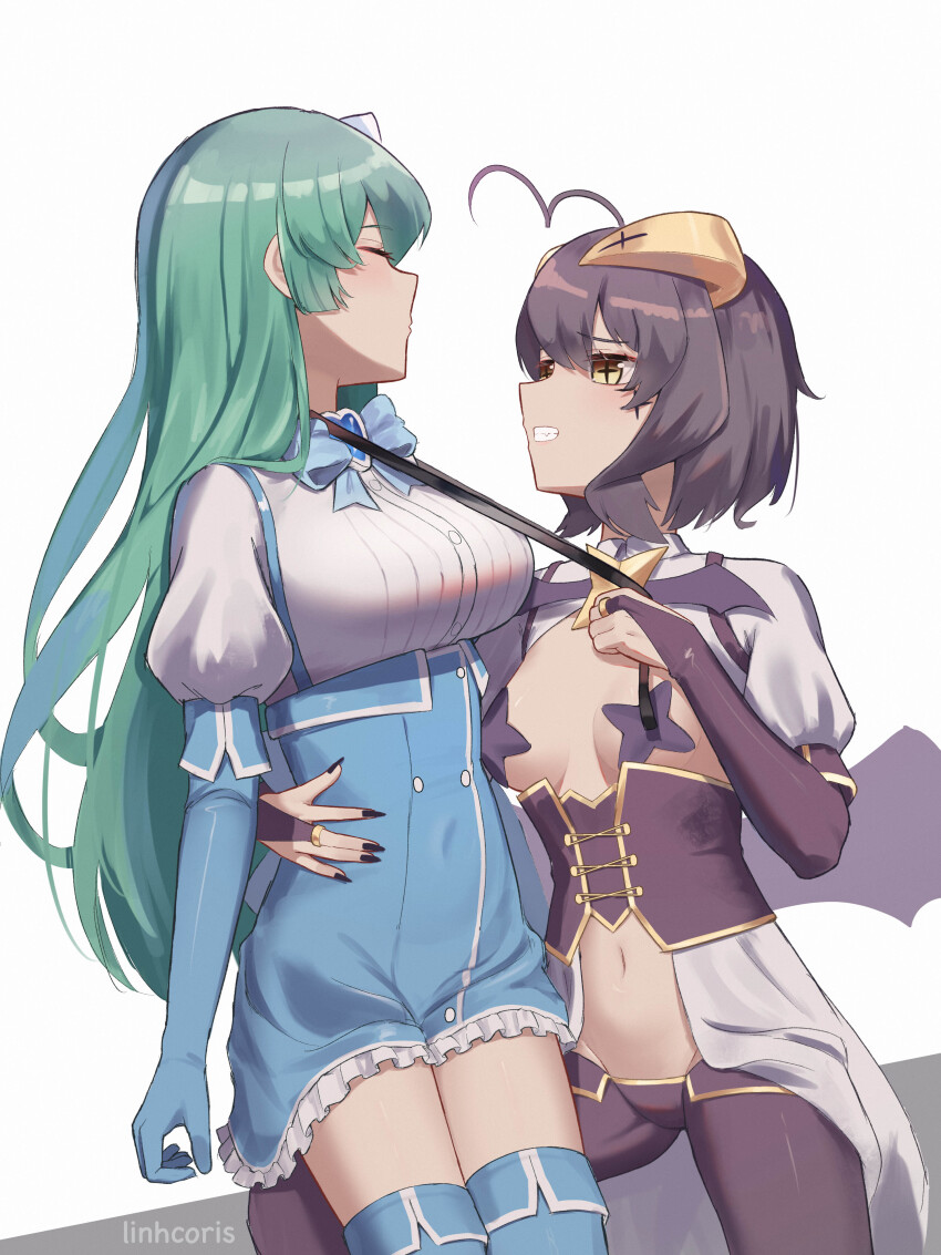 2girls, absurdres, ahoge, black_hair, blue_bow, blue_bowtie, bow, bowtie