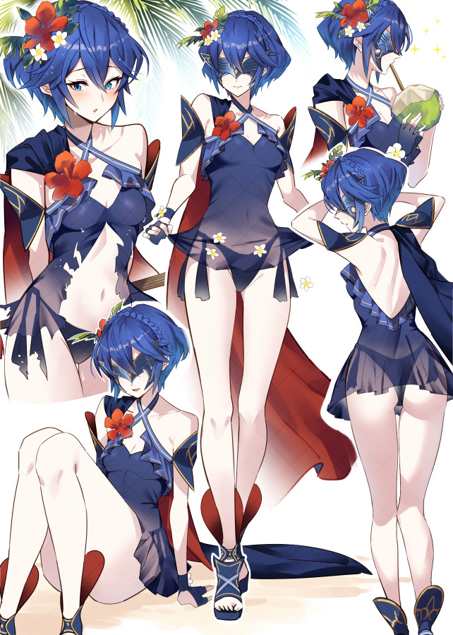 1girl, ameno_(a_meno0), bikini, blue_bikini, blue_eyes, blue_gloves, blue_hair, blush