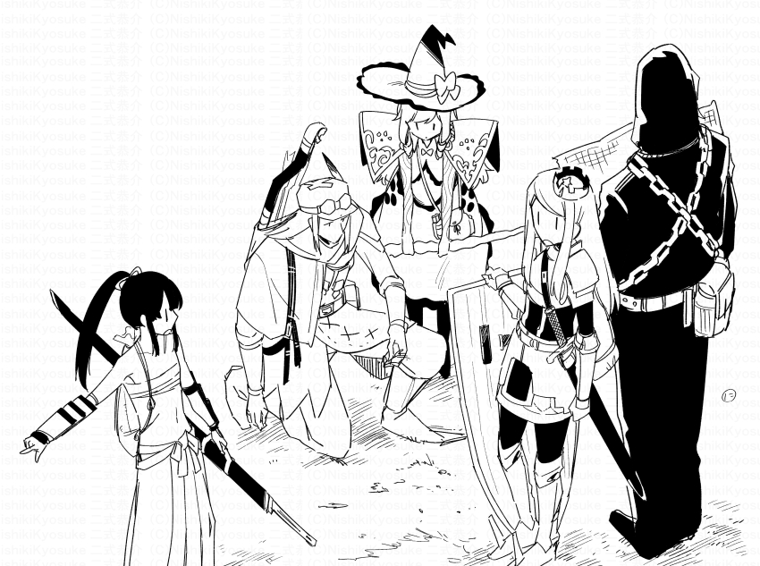 2boys, 3girls, :o, absurdres, armor, armored_boots, boots, bow