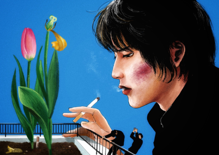 3boys, aoi_haru_(movie), between_fingers, black_eyes, black_hair, black_jacket, blue_background, bruise, bruise_on_face, cigarette, clapping, commentary_request, falling, flower, gakuran, giant, half-closed_eyes, hands_up, highres, holding, holding_cigarette, injury, jacket, kujo_(aoi_haru), looking_at_flowers, multiple_boys, on_railing, pink_flower, portrait, profile, railing, rooftop, school_uniform, short_hair, simple_background, smoking, soil, solo_focus, surreal, symbolism, tulip, wilted_flower, wymaaa