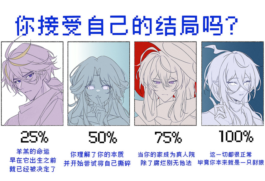 1girl, 3boys, ahoge, bandana, bandana_around_neck, blonde_hair, chinese_commentary, chinese_text