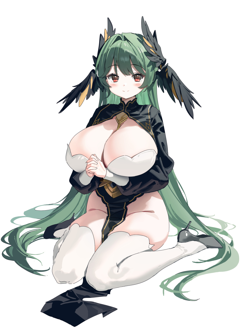 1girl, absurdres, black_shoes, black_wings, blush, breasts, cleavage, closed_mouth