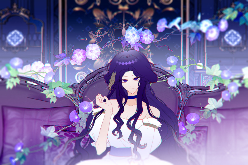 1girl, bare_shoulders, blue_choker, breasts, chinese_commentary, choker, chromatic_aberration, cleavage